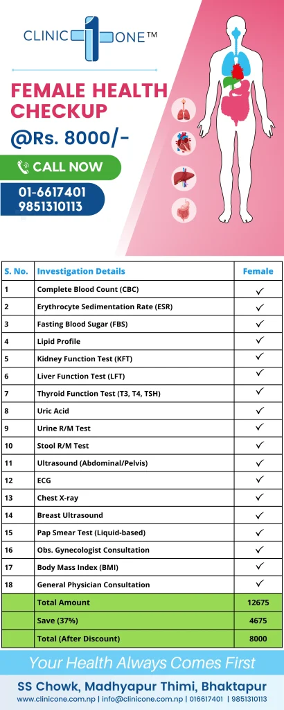A comprehensive female health checkup chart displaying essential health metrics and checkup results for women.
