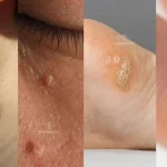Collage of different types of skin warts, including warts on the neck, eyelid area, sole of the foot, and skin surface.