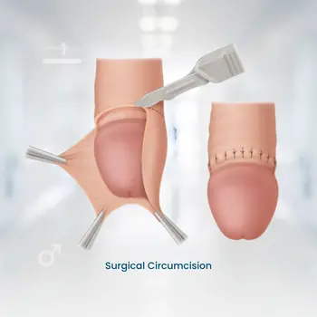 Medical illustration of surgical circumcision showing removal of the foreskin and the appearance of the penis after suturing.