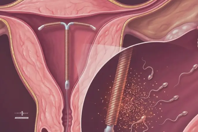 Medical illustration showing a Copper T IUCD placed inside the uterus with a close-up view of sperm near the device.