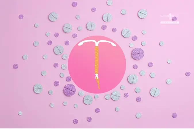 Illustration of a Copper T IUCD surrounded by contraceptive pills on a pink background.