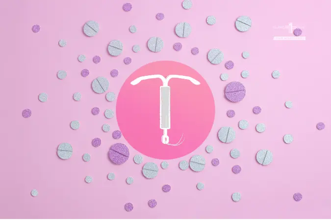 Illustration of a Hormonal IUCD surrounded by contraceptive pills on a pink background.