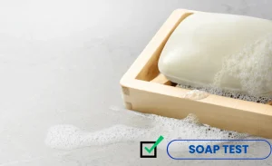 An image with a soap and having text "Soap test"