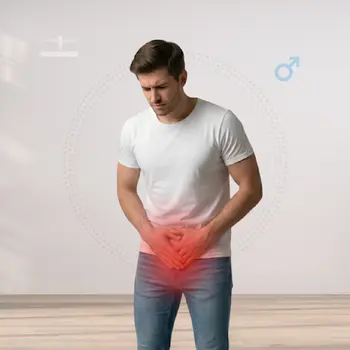 Man holding his groin with highlighted pain area, illustrating male genital discomfort or foreskin-related symptoms.